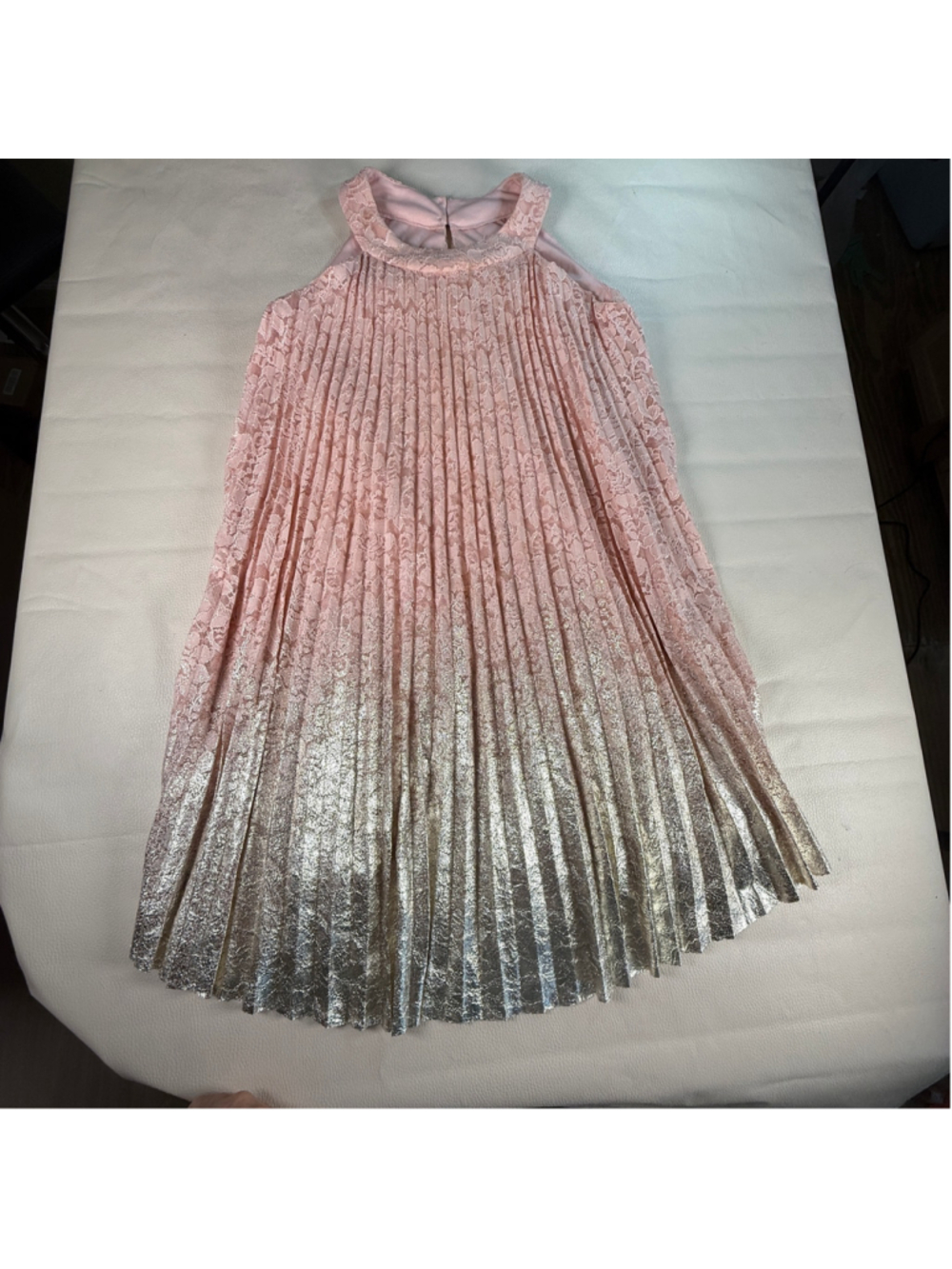 Rare Editions Girls Size 16 Pink Lace Silver Metallic Pleated Party Dress